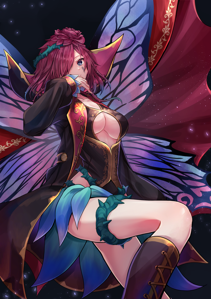 1girl, alternate_costume, blue_eyes, boots, breasts, brown_boots, butterfly_wings, cape