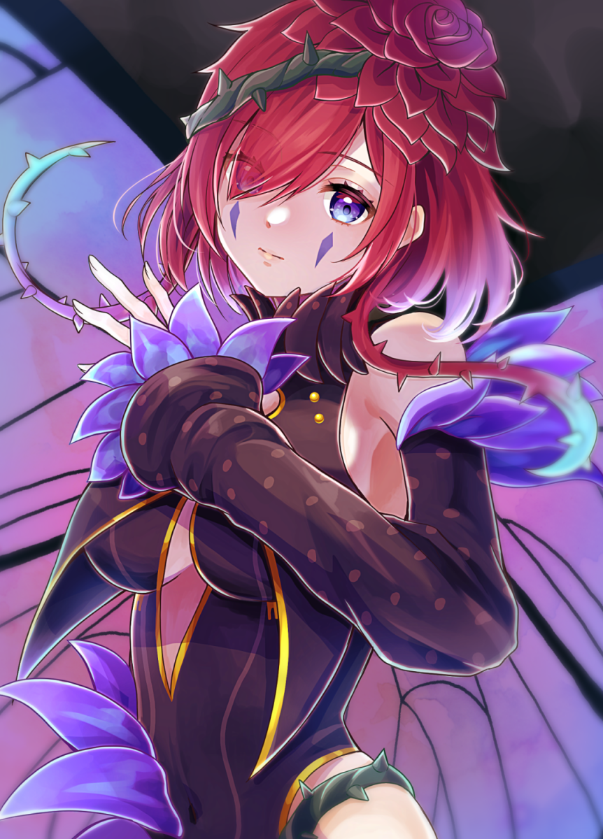 1girl, bare_shoulders, black_background, blue_eyes, breasts, butterfly_wings, cleavage, cowboy_shot