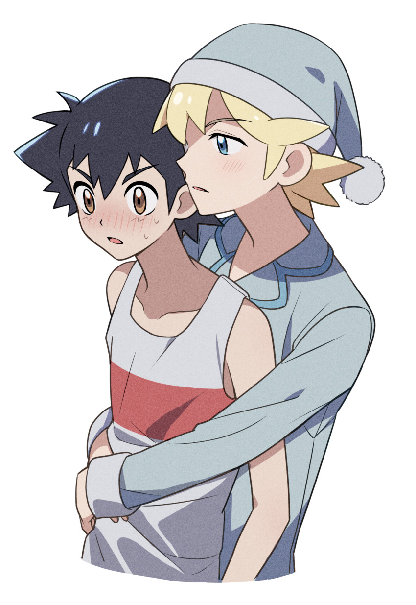 2boys, ash_ketchum, black_hair, blonde_hair, blue_eyes, blush, brown_eyes, clemont_(pokemon)