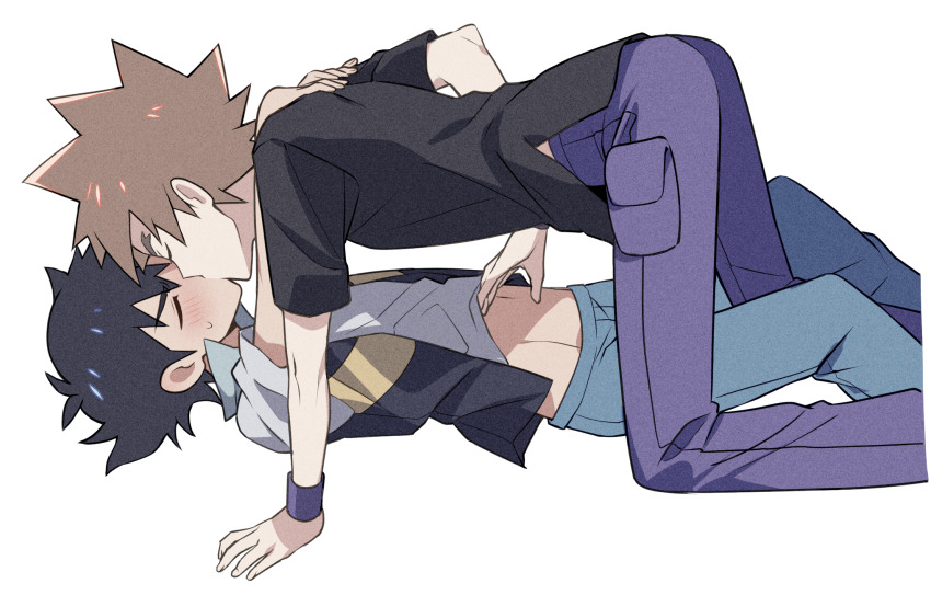 2boys, all_fours, ash_ketchum, black_hair, black_shirt, blush, brown_hair, closed_eyes