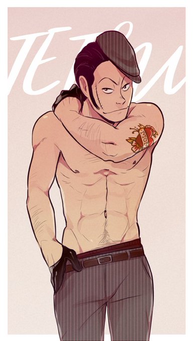 arm_hair, arm_tattoo, belt, black_gloves, black_hair, character_name, gloves, gradient_background