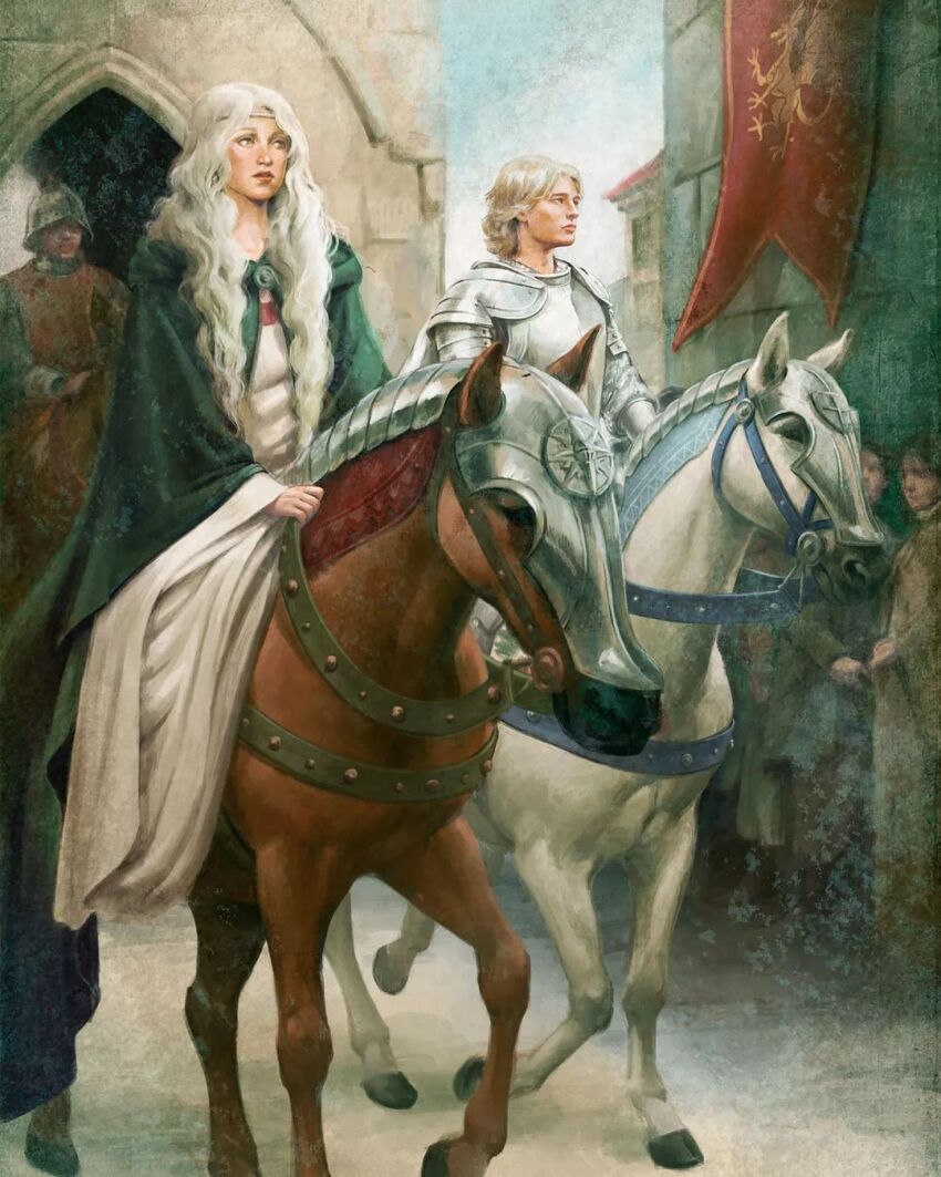 animal, armor, arthurian_legend, blonde_hair, breastplate, bridle, cape, closed_mouth