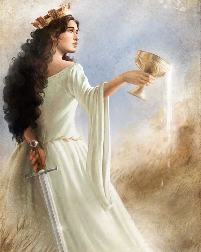 1girl, arthurian_legend, black_hair, chalice, crown, cup, dress, elaine_(arthurian_legend), from_behind, green_eyes, highres, holding, holding_cup, long_hair, open_mouth, poorsailor, pouring, solo, spill, sword, weapon, white_dress, wide_sleeves