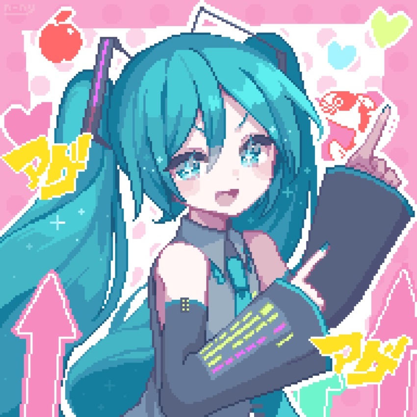 +_+, 1girl, :d, ageage_again_(vocaloid), apple, aqua_eyes, aqua_hair, aqua_nails, aqua_necktie, arrow_(symbol), commentary, detached_sleeves, fish, food, fruit, hatsune_miku, heart, highres, housuke_(flb66i2qnuqy63f), index_finger_raised, long_hair, looking_at_viewer, miku_day, necktie, open_mouth, pink_background, pixel_art, pointing, smile, solo, twintails, upper_body, v-shaped_eyebrows, vocaloid