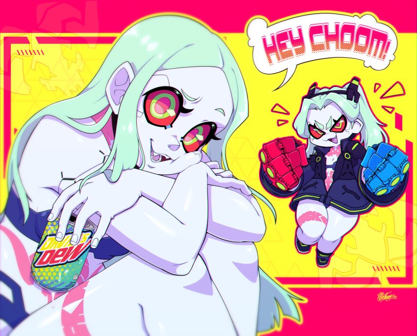 1girl, :d, absurdres, artificial_eye, black_jacket, bra, breasts, can, colored_sclera, cyberpunk_(series), cyberpunk:_edgerunners, fang, fangs, green_eyes, highres, holding, holding_can, jacket, long_hair, looking_at_viewer, mechanical_hands, multiple_views, open_mouth, rebecca_(cyberpunk), red_background, red_sclera, sitting, small_breasts, smile, speech_bubble, toxicsoul77, two_side_up, underwear, yellow_background