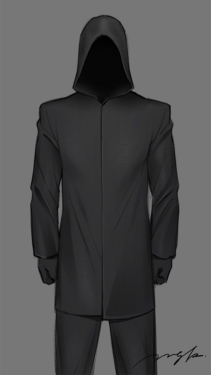 1boy, arms_at_sides, black_jacket, black_pants, clenched_hands, cowboy_shot, faceless, facing_viewer, grey_background, highres, hood, hood_up, hooded_jacket, hwang_in-ho, jacket, mskah, original, pants, signature, simple_background, solo, squid_game