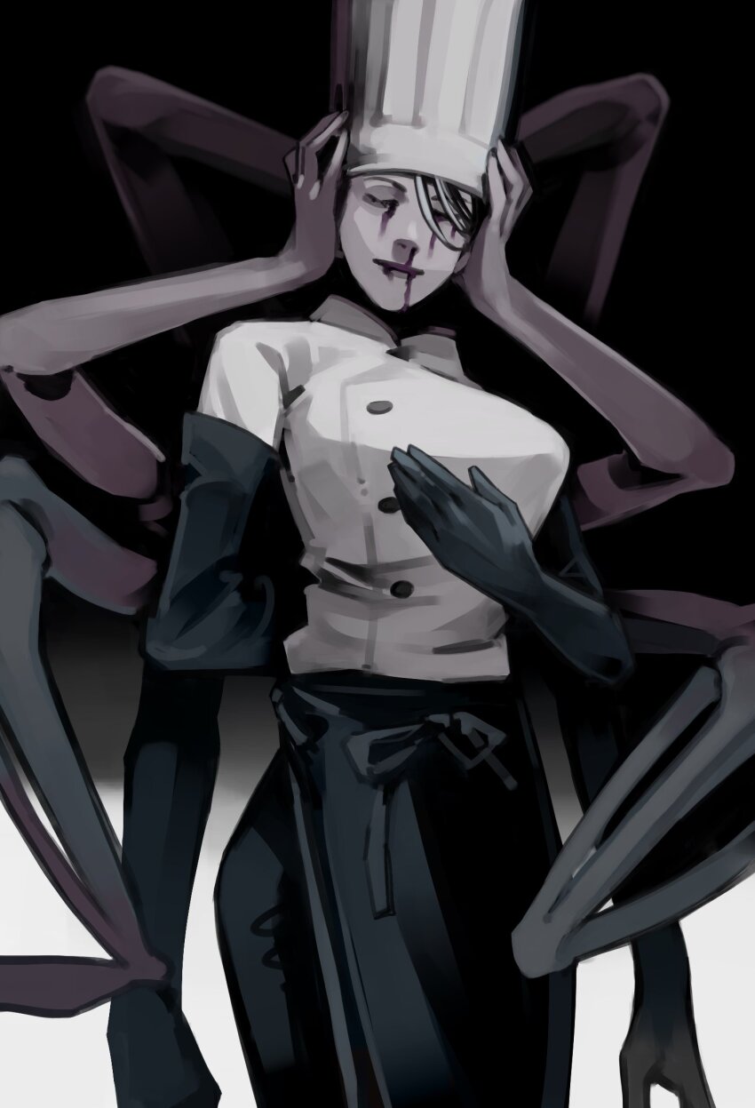 1girl, apron, arthropod_limbs, black_blood, black_gloves, black_hair, black_tears, blood, blood_from_mouth, bloody_tears, chainsaw_man, chef, chef_hat, closed_eyes, dark_background, elbow_gloves, extra_arms, facing_viewer, falling_devil_(chainsaw_man), flat_top_chef_hat, gloves, gradient_background, hat, highres, holding_detached_head, muted_color, nakano_(2_mannaka), nosebleed, severed_head, short_hair, solo, waist_apron