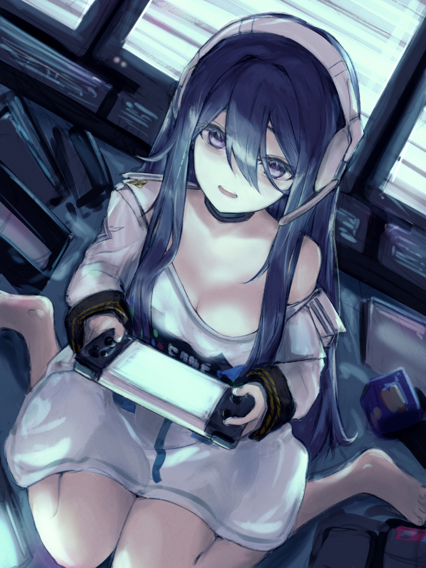 1girl, absurdres, bags_under_eyes, black_choker, black_hair, black_nails, choker, cushion, dark, exia_(nikke), feet, game_controller_print, goddess_of_victory:_nikke, hair_between_eyes, handheld_game_console, headphones, headset, highres, holding, holding_handheld_game_console, jacket, long_hair, nail_polish, off_shoulder, open_clothes, open_jacket, open_mouth, playing_games, playing_video_games, purple_eyes, shirt, sidelocks, sitting, solo, stella_(stella), white_jacket, white_shirt