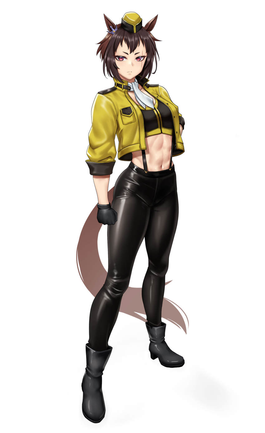 1girl, absurdres, animal_ears, black_boots, black_gloves, black_pants, boots, breasts