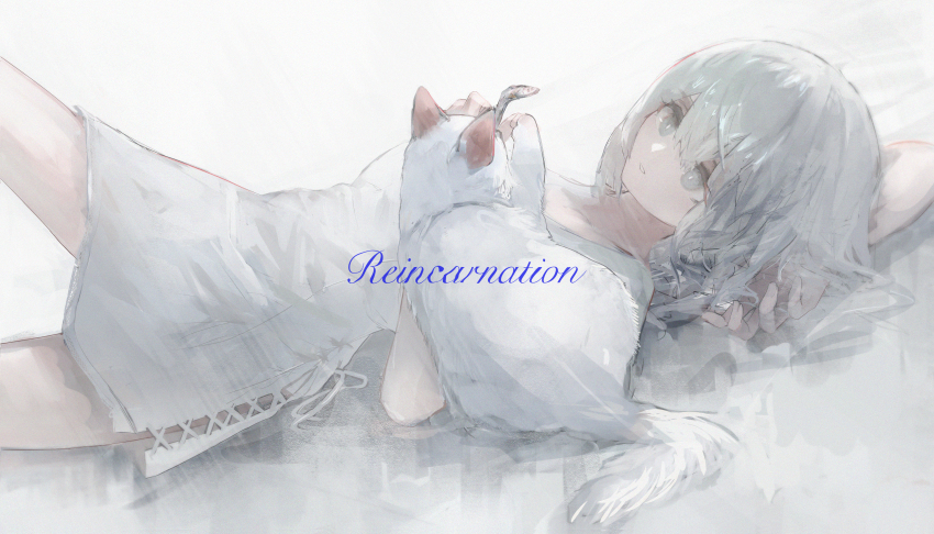 1girl, absurdres, animal, arm_behind_head, cat, christ_signboard, collarbone, dress