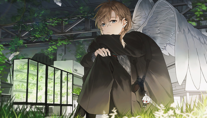 1boy, angel, angel_wings, black_jacket, black_pants, closed_mouth, ear_piercing, feathered_wings