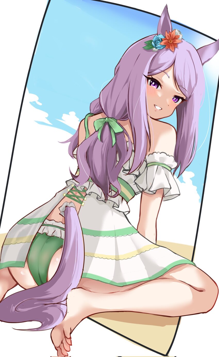 1girl, animal_ears, ass, bare_shoulders, barefoot, bikini, blue_sky, blush