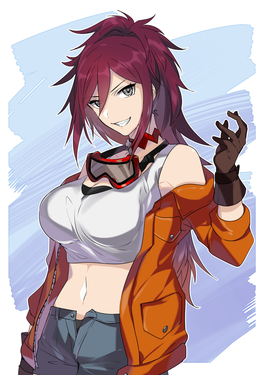 1girl, absurdres, bare_shoulders, black_gloves, blue_shorts, breasts, cleavage, cross, cross_print, dolphin_wave, eyewear_around_neck, gloves, grey_eyes, high_ponytail, highres, jacket, kurenashi_yuuri, large_breasts, long_hair, long_sleeves, looking_at_viewer, navel, onasu_(sawagani), open_clothes, open_jacket, ponytail, purple_hair, sharp_teeth, shorts, smile, sports_bra, standing, teeth, upper_body, white_sports_bra, yellow_jacket