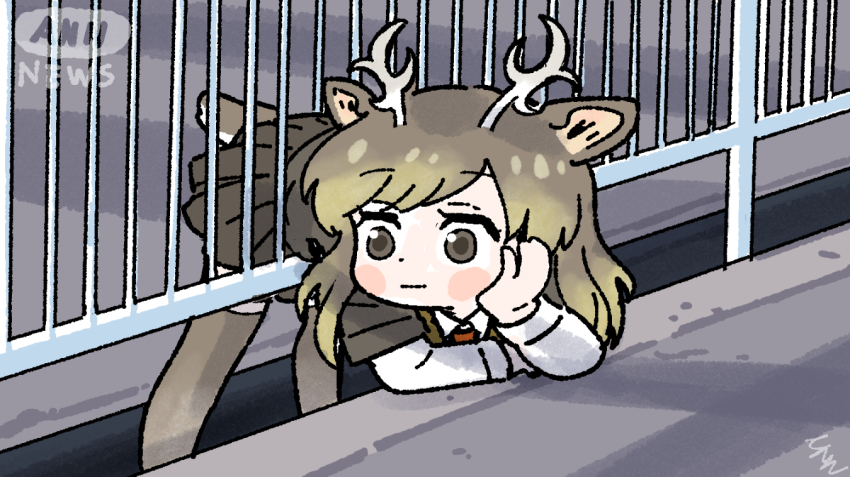 1girl, :|, animal_ears, antlers, ap_dul, bad_id, bad_twitter_id, bent_over, blush, brown_eyes, brown_shirt, brown_skirt, brown_thighhighs, chibi, closed_mouth, commentary_request, concrete, day, deer_ears, deer_girl, deer_tail, elbow_rest, fence, hand_on_own_cheek, hand_on_own_face, hands_up, horns, kemono_friends, korean_commentary, layered_sleeves, legs_apart, long_hair, long_sleeves, looking_away, looking_to_the_side, miniskirt, necktie, outdoors, personification, photo-referenced, pleated_skirt, red_necktie, shirt, short_sleeves, skirt, solo, standing, stuck, tail, thighhighs, white_sleeves, yezo_sika_deer_(kemono_friends), zettai_ryouiki
