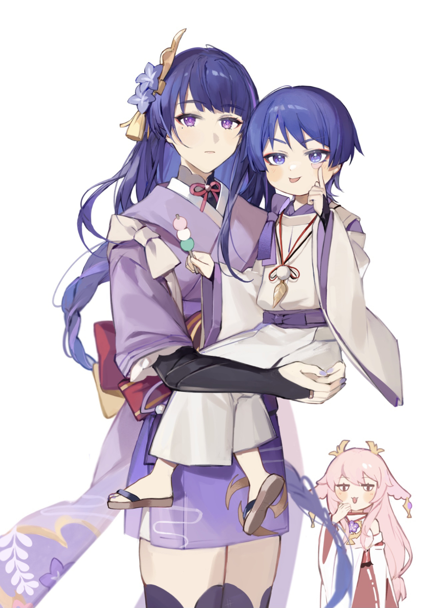 1boy, 2girls, aged_down, akanbe, animal_ears, armor, braid, breasts