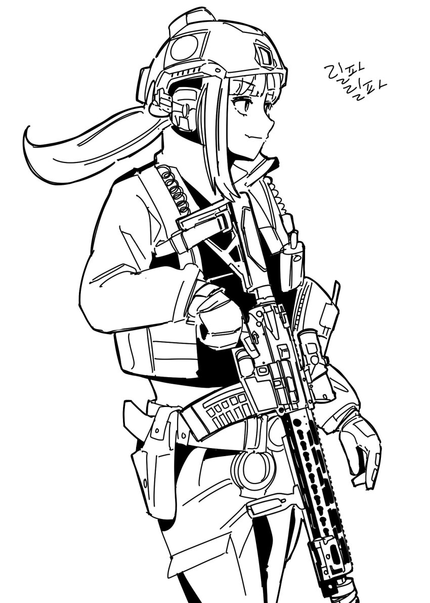 1girl, ar-15, assault_rifle, commentary_request, from_side, gloves, greyscale, gun