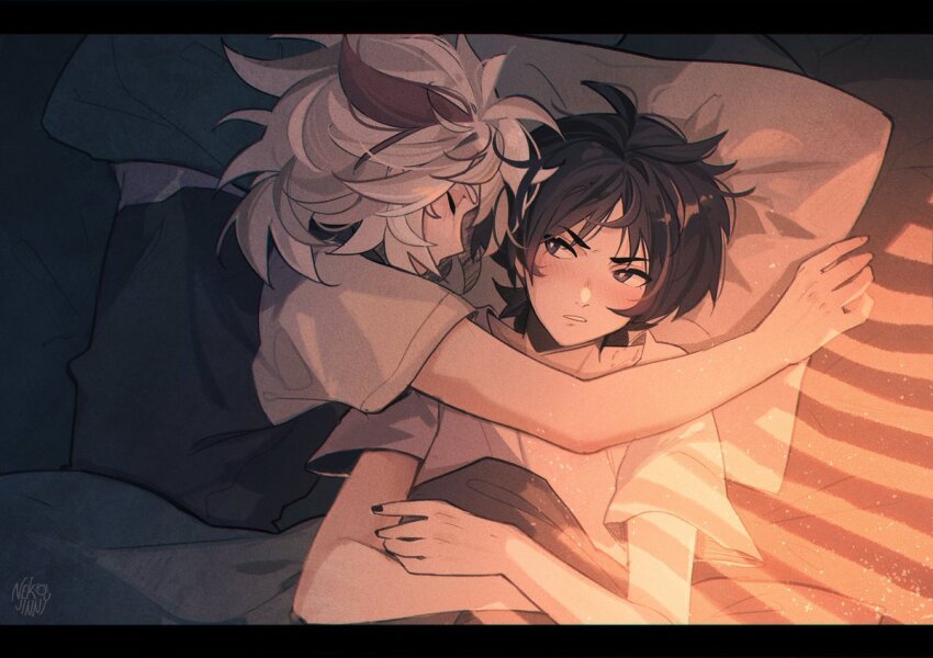 2boys, black_hair, black_nails, blush, closed_eyes, genshin_impact, kaedehara_kazuha, letterboxed