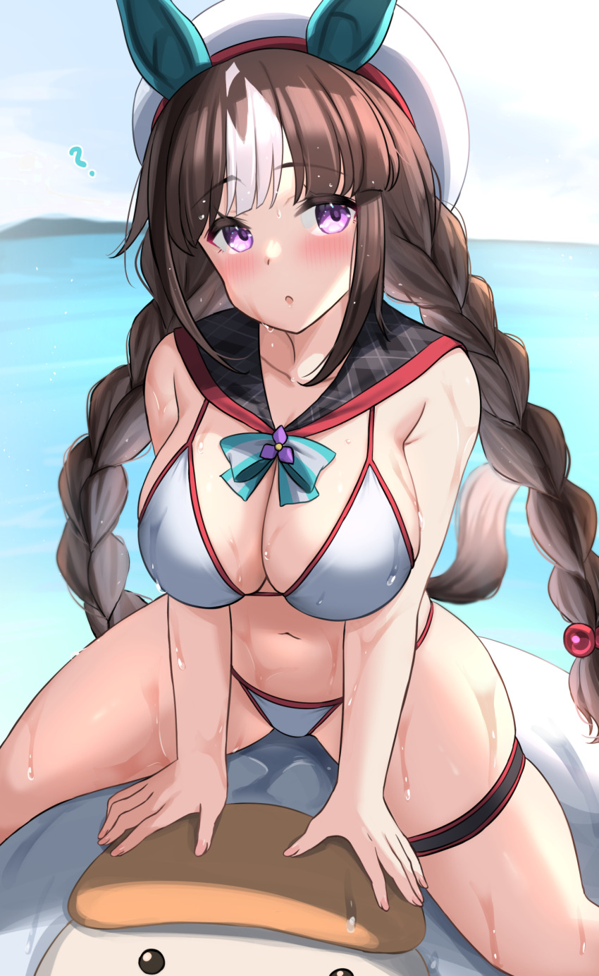 1girl, ?, alternate_costume, animal_ears, bikini, blunt_bangs, blush, breasts, cleavage, collarbone, commentary_request, ear_covers, hat, highres, hokko_tarumae_(umamusume), horse_ears, horse_girl, horse_tail, kibihimi, large_breasts, long_braid, long_hair, ocean, open_mouth, purple_eyes, ribbon, sailor_hat, sitting, sky, solo, swimsuit, tail, thigh_strap, tomachop, umamusume, wet, white_hat