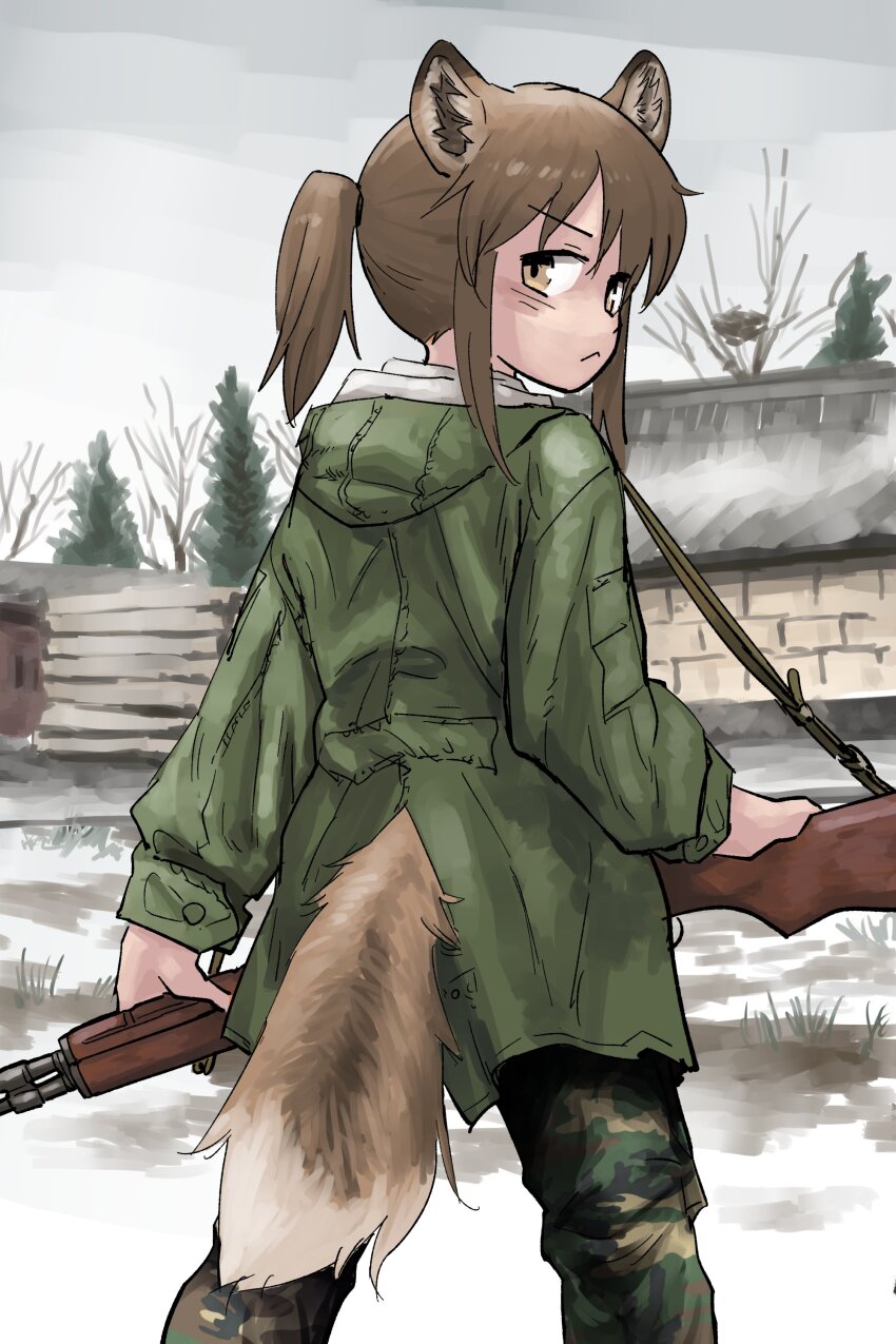 1girl, :<, absurdres, animal_ear_fluff, animal_ears, bare_tree, brown_eyes, brown_hair