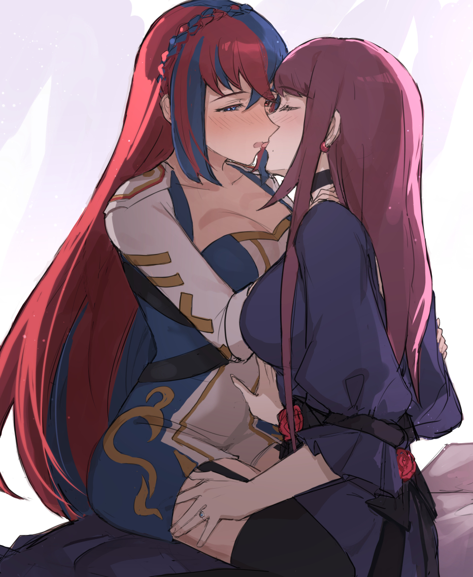 2girls, female_alear_(fire_emblem), blue_hair, blush, braid, breasts, cleavage, closed_eyes, crown_braid, dress, fire_emblem, fire_emblem_engage, interspecies, ivy_(fire_emblem), kiss, large_breasts, long_hair, medium_breasts, multicolored_hair, multiple_girls, nintendo, purple_hair, red_hair, sitting, sitting_on_lap, sitting_on_person, split-color_hair, straddling, tencryingemojis, upright_straddle, very_long_hair, yuri
