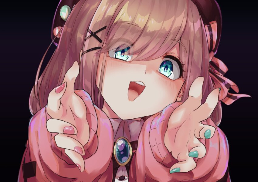 asymmetrical_bangs, beret, black_background, blue_eyes, blush, bow, brooch, brown_hair, cardigan, dot_nose, hair_ornament, happy, hat, hat_bow, hat_pin, jewelry, looking_at_viewer, muzi_folder, nail_polish, nijisanji, open_mouth, outstretched_arms, simple_background, solo, suzuhara_lulu, suzuhara_lulu_(1st_costume), teeth, tongue, two-tone_bow, upper_body, upper_teeth_only, virtual_youtuber, x_hair_ornament, yandere