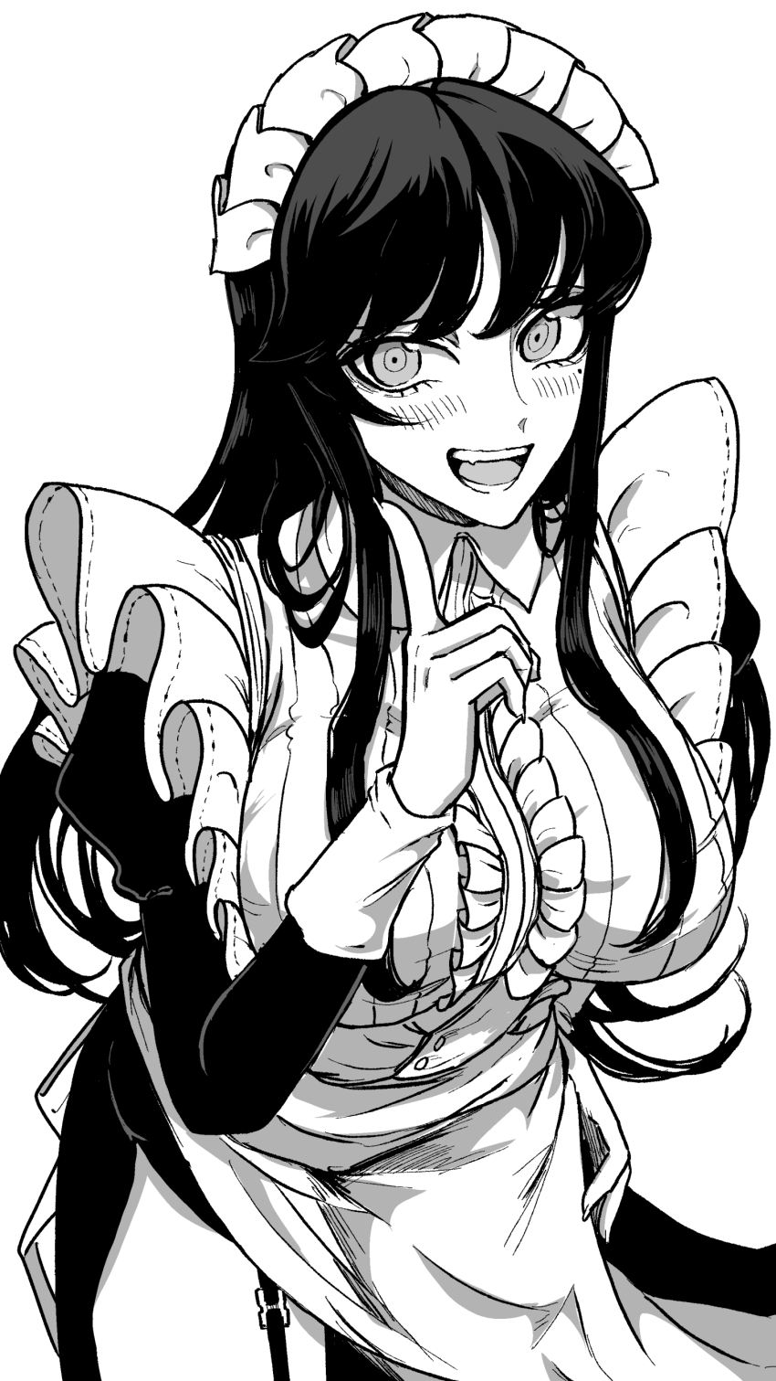 1girl, absurdres, apron, black_hair, blush, breasts, fang, frills