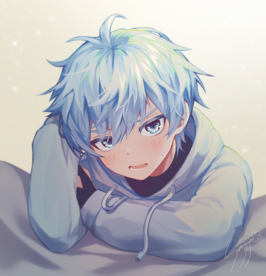 1boy, absurdres, artist_name, blue_eyes, blue_hair, blush, child, chongyun_(genshin_impact)
