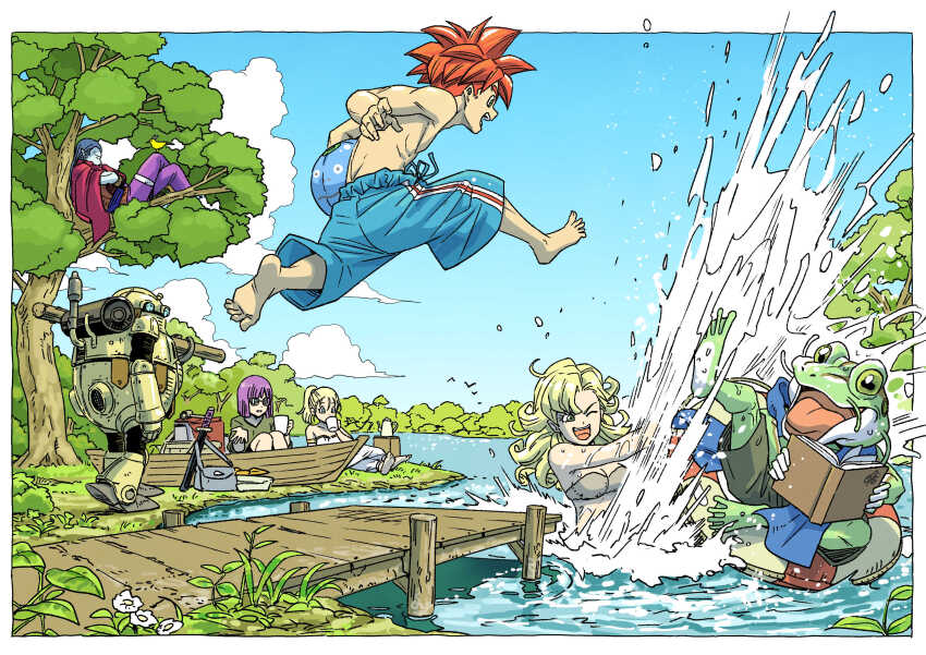 1other, 3boys, 3girls, absurdres, ayla_(chrono_trigger), ball, barefoot, beachball