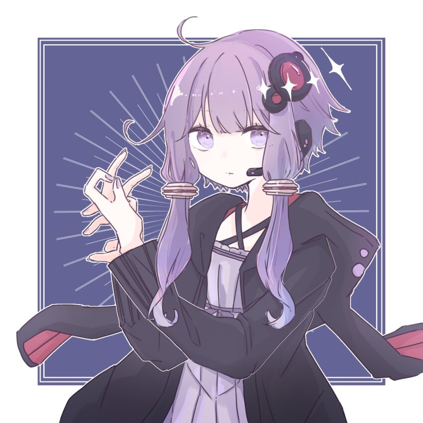 1girl, ahoge, animal_hood, black_hoodie, blue_background, blunt_bangs, border, closed_mouth