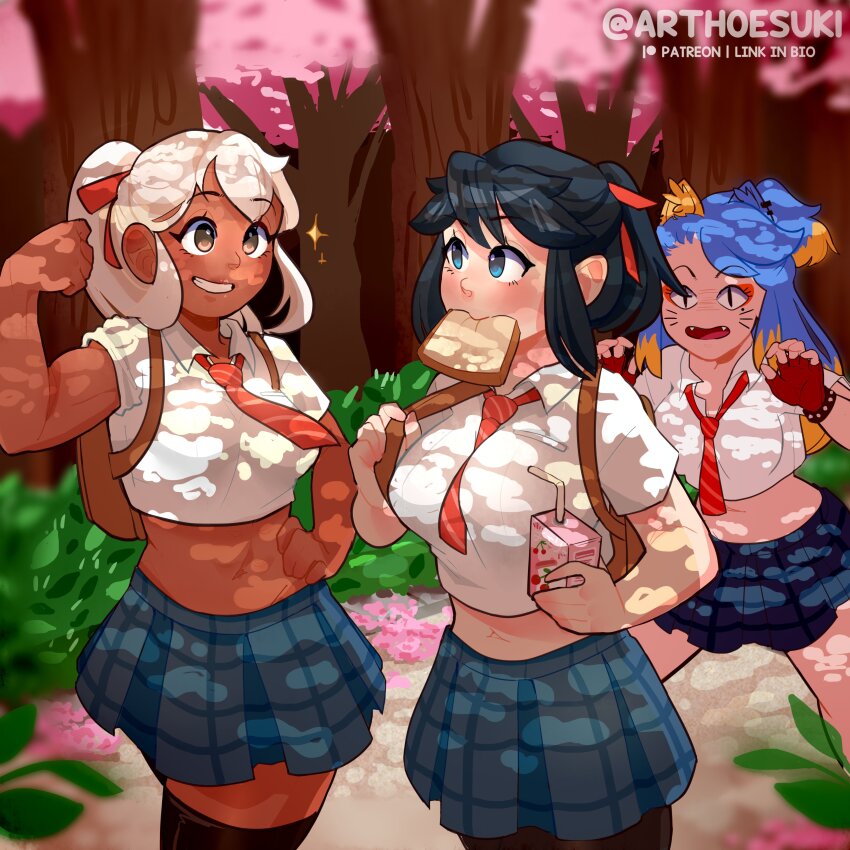 3girls, absurdres, animal_ears, arthoesuki, artist_name, backpack, bag, black_hair, black_thighhighs, blonde_hair, blue_eyes, blue_hair, blue_skirt, borrowed_character, bread, bread_slice, breasts, brown_eyes, cat_ears, collared_shirt, dappled_sunlight, drink_carton, eyeshadow, fangs, feet_out_of_frame, fingerless_gloves, flexing, food, gloves, hair_ribbon, hand_on_own_hip, hands_up, highres, juice_box, large_breasts, long_hair, lucia_(scott_malin), makeup, medium_breasts, mia_(scott_malin), midriff, multicolored_hair, multiple_girls, navel, necktie, orange_eyeshadow, original, outdoors, plaid_clothes, plaid_skirt, plant, ponytail, red_gloves, red_necktie, red_ribbon, ribbon, shirt, short_sleeves, skirt, sparkle, stray_(scott_malin), striped_clothes, striped_necktie, sunlight, thighhighs, two-tone_hair, whiskers, white_hair, white_shirt