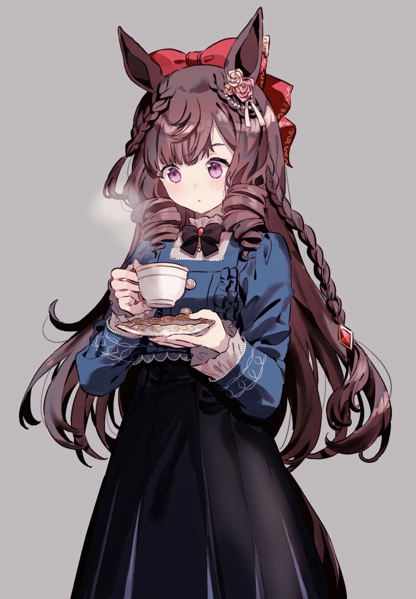 1girl, animal_ears, black_skirt, blue_shirt, blush, bow, brown_hair, cup