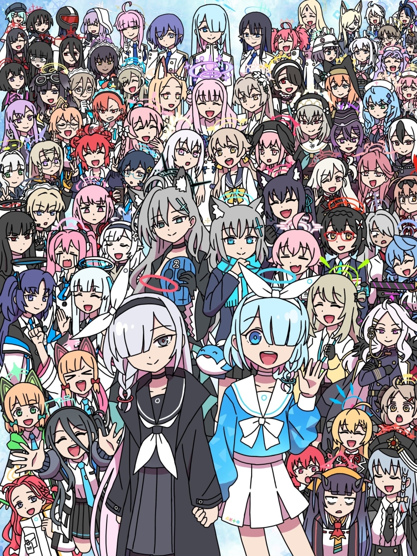 >_<, 6+girls, :d, absurdly_long_hair, ahoge, akane_(blue_archive), akari_(blue_archive), ako_(blue_archive), animal_ear_fluff, animal_ear_headphones, animal_ears, antenna_hair, aoi_(blue_archive), apron, aqua_hair, aris_(blue_archive), arona_(blue_archive), aru_(blue_archive), asuna_(blue_archive), atsuko_(blue_archive), ayane_(blue_archive), ayumu_(blue_archive), azusa_(blue_archive), balaclava, bell, belt, black_coat, black_gloves, black_hair, black_wings, blonde_hair, blue_archive, blue_eyes, blue_hair, blunt_bangs, bow, bowtie, braid, brown_eyes, brown_hair, bulletproof_vest, capelet, cat_ear_headphones, cat_ears, cat_girl, chihiro_(blue_archive), chinatsu_(blue_archive), choker, coat, coat_on_shoulders, collared_shirt, colored_inner_hair, commentary, commentary_request, crossed_arms, crown_braid, dark_skin, demon_girl, demon_horns, detached_collar, dog_ears, dog_girl, earrings, eimi_(blue_archive), everyone, facial_mark, fake_animal_ears, feathered_wings, fingerless_gloves, flower, forehead, forehead_mark, fox_ears, fox_girl, fubuki_(blue_archive), fur-trimmed_coat, fur_trim, fuuka_(blue_archive), general_student_council_president_(blue_archive), glasses, gloves, goggles, goggles_on_head, gradient_hair, green_eyes, grey_eyes, grey_hair, habit, hair_between_eyes, hair_bow, hair_bun, hair_flower, hair_ornament, hair_over_one_eye, hair_ribbon, hair_scrunchie, hairband, hairclip, halo, hanae_(blue_archive), hanako_(blue_archive), hare_(blue_archive), haruka_(blue_archive), haruna_(blue_archive), hasumi_(blue_archive), hat, head_wings, headgear, headphones, headphones_around_neck, headset, heart, heart_hair_ornament, helmet, hibiki_(blue_archive), hifumi_(blue_archive), highres, himari_(blue_archive), hina_(blue_archive), hinata_(blue_archive), hiyori_(blue_archive), holding, holding_hands, hood, hooded_coat, hooded_jacket, hoodie, horns, hoshino_(blue_archive), ichika_(blue_archive), id_card, interlocked_fingers, iori_(blue_archive), izumi_(blue_archive), jacket, jewelry, junko_(blue_archive), kanna_(blue_archive), karin_(blue_archive), kaya_(blue_archive), kayoko_(blue_archive), kirino_(blue_archive), koharu_(blue_archive), kotama_(blue_archive), kotori_(blue_archive), koyuki_(blue_archive), lanyard, leaf, leaf_on_head, light_brown_hair, light_green_hair, long_hair, long_sleeves, looking_at_viewer, low_ponytail, low_twintails, maid, maid_apron, maid_headdress, maki_(blue_archive), mari_(blue_archive), mashiro_(blue_archive), medium_hair, midori_(blue_archive), mika_(blue_archive), military, military_uniform, mine_(blue_archive), misaki_(blue_archive), mismatched_pupils, miyako_(blue_archive), miyu_(blue_archive), moe_(blue_archive), mole, mole_under_eye, momoi_(blue_archive), momoka_(blue_archive), multicolored_hair, multiple_girls, mutsuki_(blue_archive), nagisa_(blue_archive), neck_bell, necktie, neru_(blue_archive), noa_(blue_archive), nonomi_(blue_archive), nun, nurse, nurse_cap, one_side_up, open_clothes, open_coat, open_jacket, open_mouth, orange_hair, parted_bangs, pink_eyes, pink_hair, plana_(blue_archive), pleated_skirt, pointy_ears, police, police_uniform, policewoman, ponytail, purple_eyes, purple_hair, rabbit_ears, red_eyes, red_hair, ribbon, rin_(blue_archive), rio_(blue_archive), saki_(blue_archive), sakurako_(blue_archive), sam_browne_belt, saori_(blue_archive), school_hat, school_uniform, scrunchie, seia_(blue_archive), semi-rimless_eyewear, serafuku, serika_(blue_archive), serina_(blue_archive), shiroko_(blue_archive), shiroko_terror_(blue_archive), shirt, short_hair, short_sleeves, shoulder_strap, side_ponytail, sidelocks, single_braid, single_side_bun, skirt, smile, spoilers, streaked_hair, toki_(blue_archive), tsurugi_(blue_archive), twin_braids, twintails, two-tone_hair, two_side_up, utaha_(blue_archive), very_long_hair, walkie-talkie, washin, white_hair, white_hoodie, wings, wolf_ears, wolf_girl, x_hair_ornament, xd, yellow_eyes, yuuka_(blue_archive), yuzu_(blue_archive)