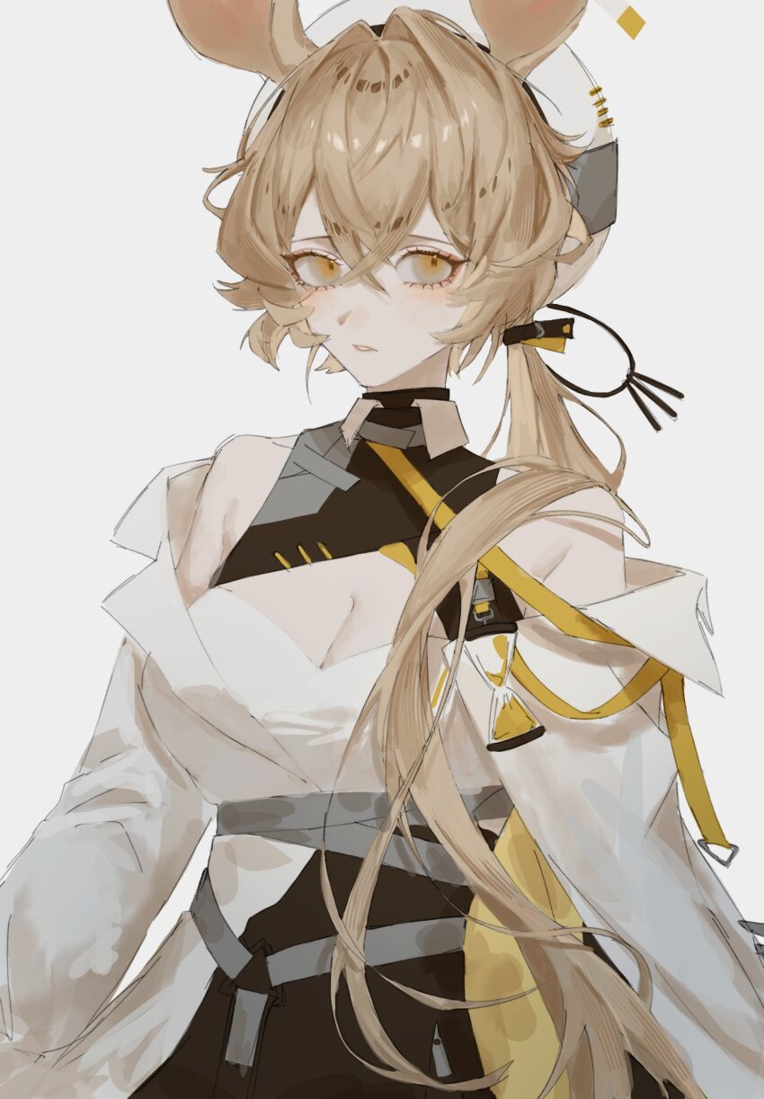 1girl, animal_ears, arknights, black_skirt, blonde_hair, blush, breasts, cleavage