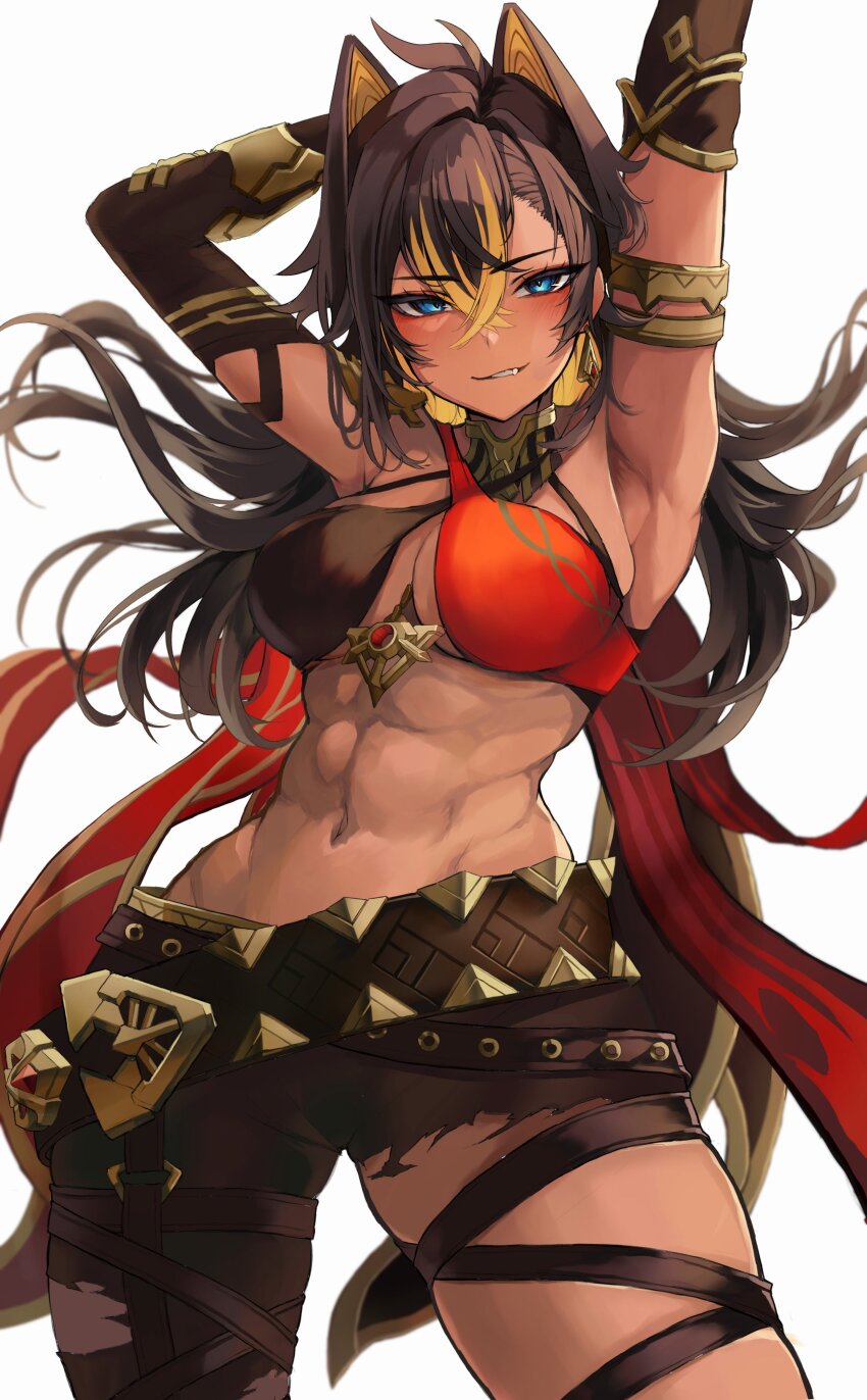 1girl, abs, absurdres, akechi_(akechi_5416), arm_behind_head, arm_up, armpits, asymmetrical_bangs, belt, black_hair, blonde_hair, blue_eyes, blush, breasts, crossed_bangs, dark-skinned_female, dark_skin, dehya_(genshin_impact), earrings, fang, floating_hair, genshin_impact, hair_between_eyes, hair_intakes, halterneck, highres, jewelry, large_breasts, long_hair, looking_at_viewer, midriff, multicolored_hair, muscular, narrow_waist, navel, parted_lips, simple_background, skindentation, solo, stomach, streaked_hair, teeth, thighs, torn_clothes, two-tone_hair, white_background, wide_hips