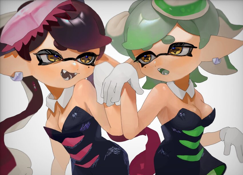 2girls, bare_shoulders, breasts, callie_(splatoon), callie_(squid_sisters_outfit)_(splatoon), cleavage, detached_collar, earrings, gloves, highres, jewelry, marie_(splatoon), marie_(squid_sisters_outfit)_(splatoon), medium_breasts, mepo_1, multiple_girls, nintendo, pointy_ears, sleeveless, splatoon_(series), tentacle_hair