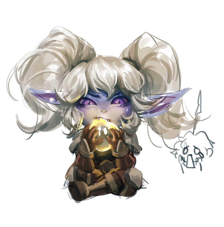 1girl, absurdres, brown_footwear, brown_gloves, fangs, gloves, grey_hair, hands_up, highres, holding, league_of_legends, long_hair, looking_at_viewer, pink_eyes, pointy_ears, poppy_(league_of_legends), simple_background, sitting, solo, sweat, timo_(timotimo628), twintails, white_background, yordle