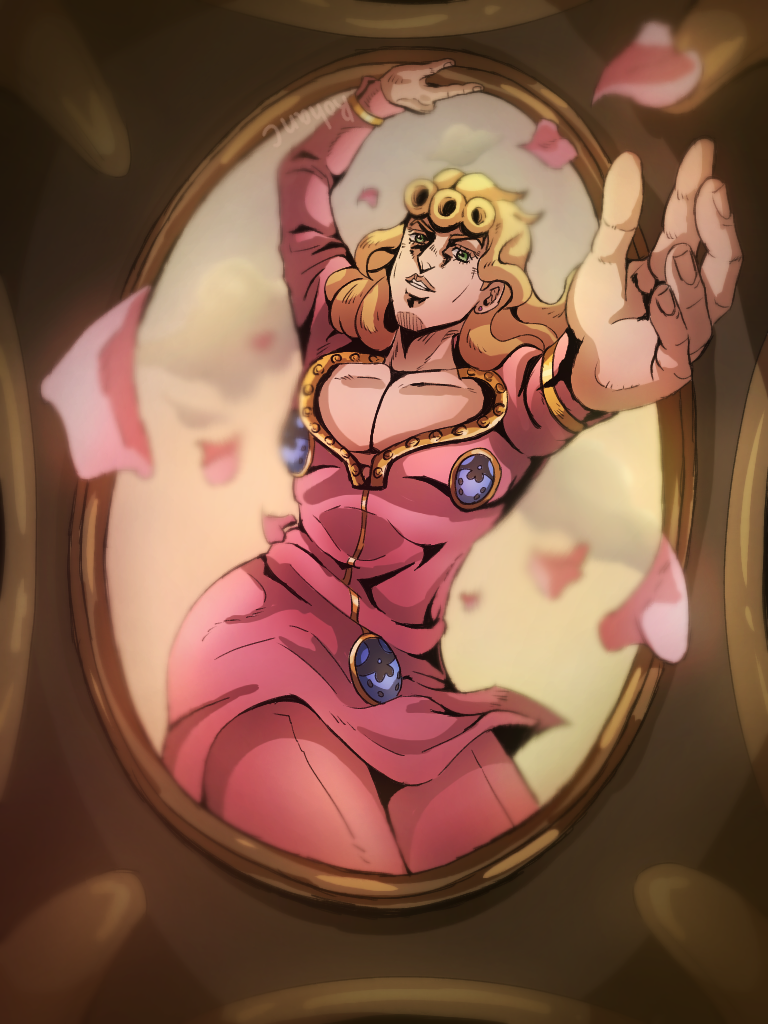 blonde_hair, cloud, giorno_giovanna, green_eyes, jjba, jojo_no_kimyou_na_bouken, petals, pink_shirt, shirt, sky