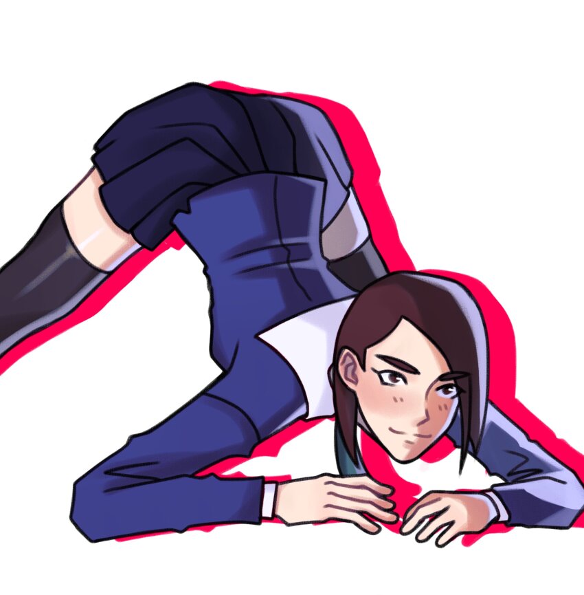 1girl, 2021, davriann, eizouken_ni_wa_te_wo_dasu_na!, highres, jack-o'_challenge, long_hair, long_sleeves, mizusaki_tsubame, pale_skin, school_uniform, skirt, solo, thighhighs, twitter