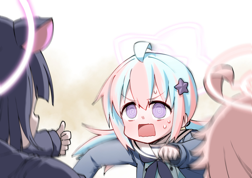 3girls, @_@, ahoge, black_hair, blue_archive, blue_hair, commentary_request, dancing