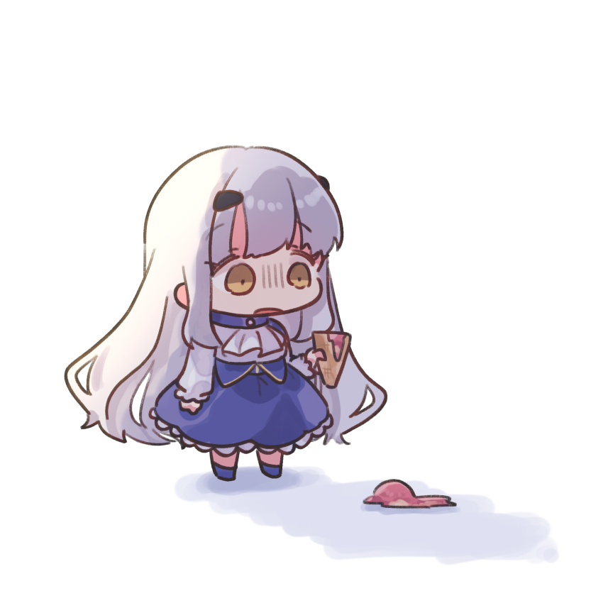 1girl, eyebrows_hidden_by_hair, melusine_(fate), fate/grand_order, fate_(series), food, hair_between_eyes, hair_ornament, hairclip, highres, holding, holding_food, ice_cream, long_hair, looking_down, shigure_(ffrh7824), simple_background, skirt, solo, white_background, white_hair, yellow_eyes