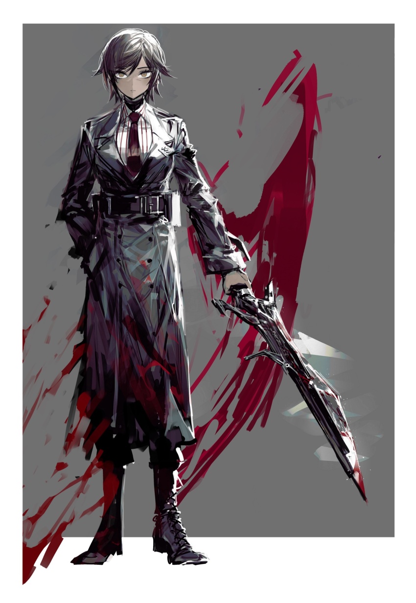 1girl, belt, black_belt, black_boots, black_coat, blood, boots, brown_eyes, brown_hair, buttons, coat, collared_shirt, double-breasted, e.g.o_(project_moon), hand_in_pocket, highres, holding, holding_sword, holding_weapon, limbus_company, looking_at_viewer, necktie, outis_(project_moon), project_moon, red_necktie, remsrar, shirt, solo, standing, striped_clothes, striped_shirt, sword, to_pathos_mathos_(e.g.o), weapon