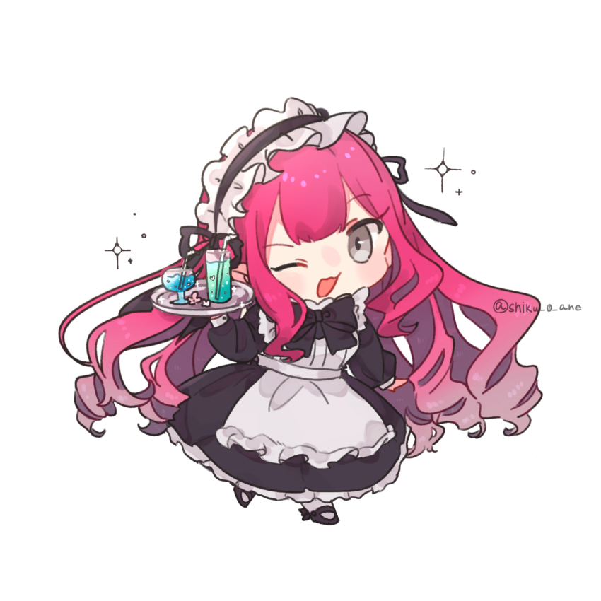 1girl, apron, cup, dress, drink, drinking_glass, drinking_straw, baobhan_sith_(fate)