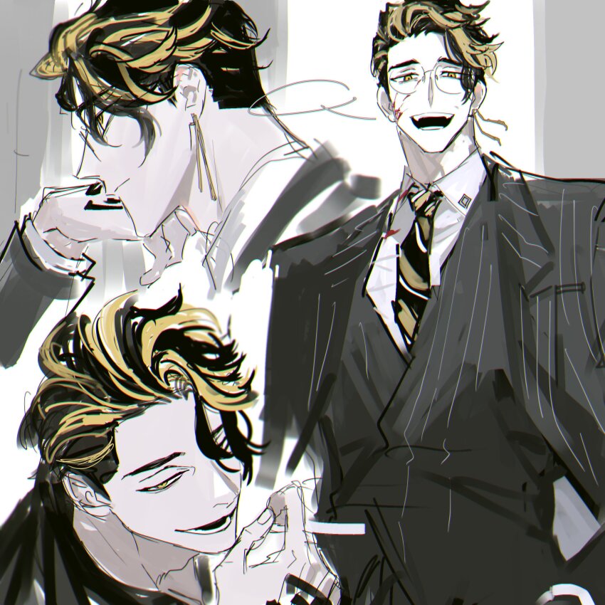 1boy, absurdres, black_hair, blonde_hair, blood, coat, coat_on_shoulders, earrings