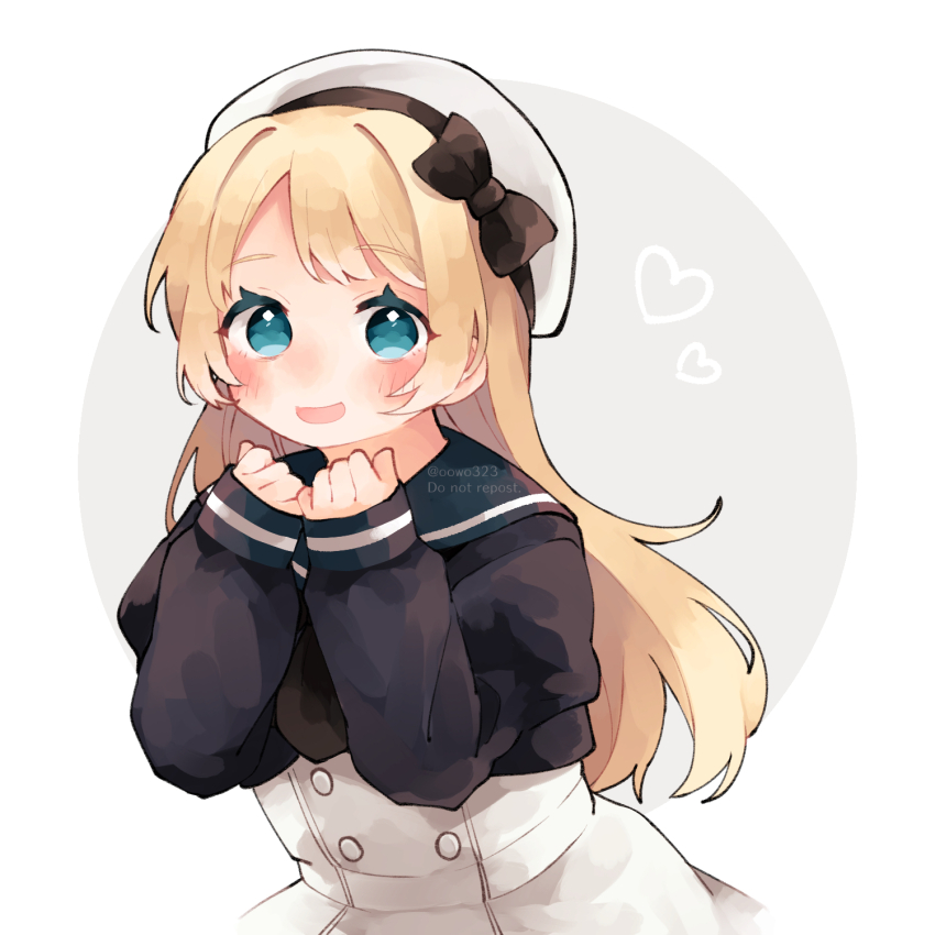 1girl, amot_211, blonde_hair, blue_eyes, blue_sailor_collar, blush, dress, hat