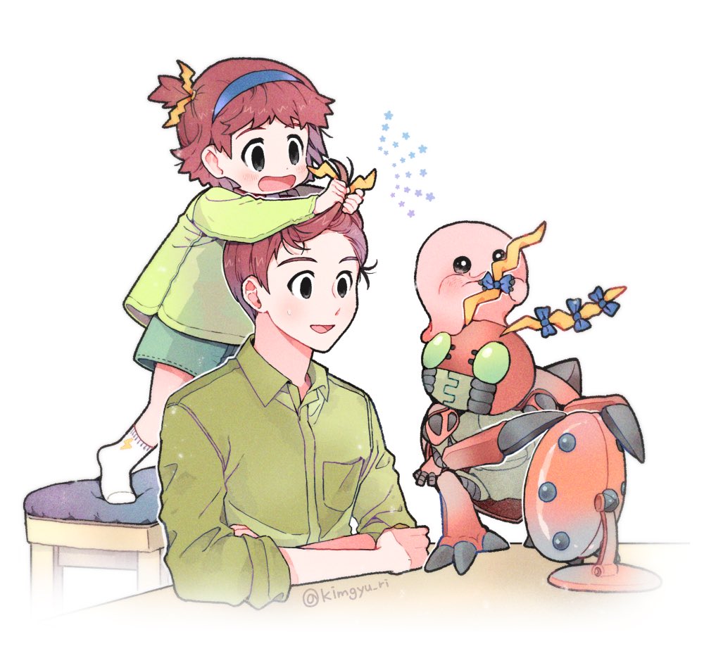 antennae, black_eyes, brown_hair, bug, claws, digimon, digimon_(creature), digimon_adventure_02, exoskeleton, father_and_child, father_and_daughter, izumi_koshiro, izumi_koshiro's_daughter, mochimon, parent_and_child, short_hair, spikes, tentomon