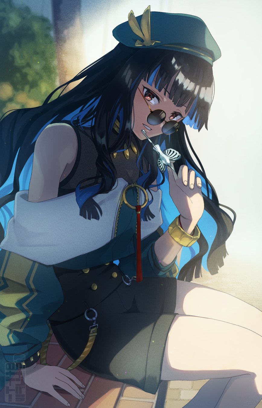1girl, bare_shoulders, beret, black_hair, black_shorts, blue_hair, blunt_bangs, bracelet