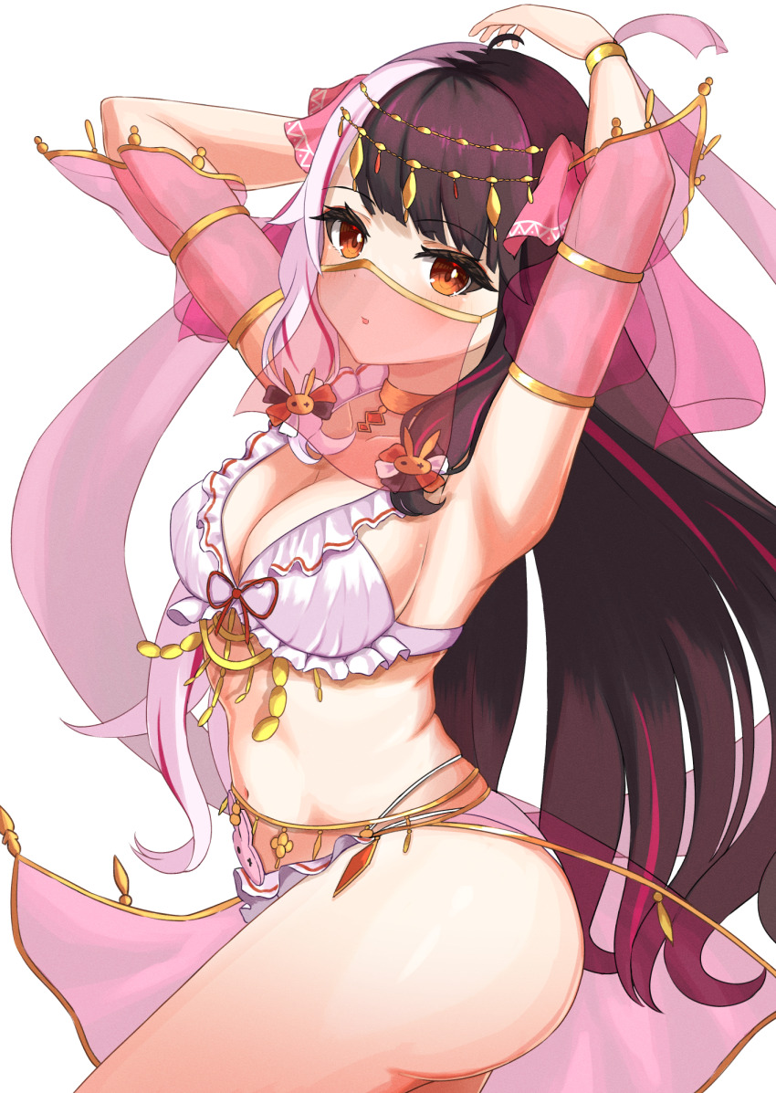 1girl, armpits, arms_behind_back, arms_up, ass, belly_dancing, bikini, black_hair