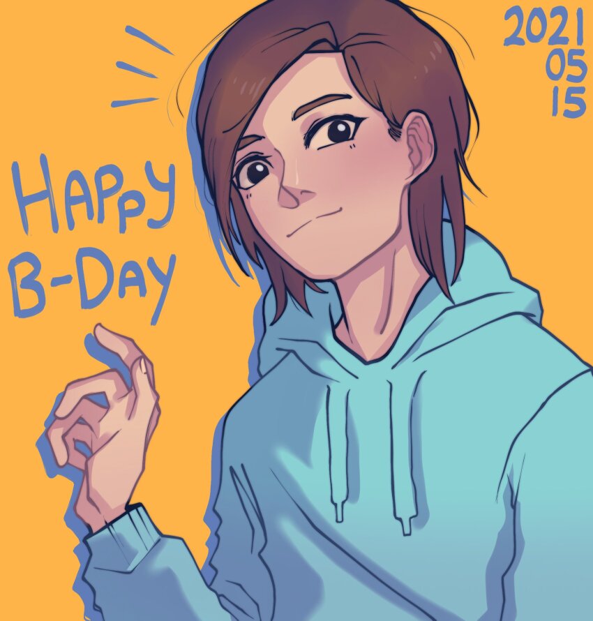 1girl, 2021, alternate_costume, brown_hair, dated, davriann, eizouken_ni_wa_te_wo_dasu_na!, happy_birthday, highres, hood, hoodie, mizusaki_tsubame, pale_skin, short_hair, solo, twitter, yellow_background