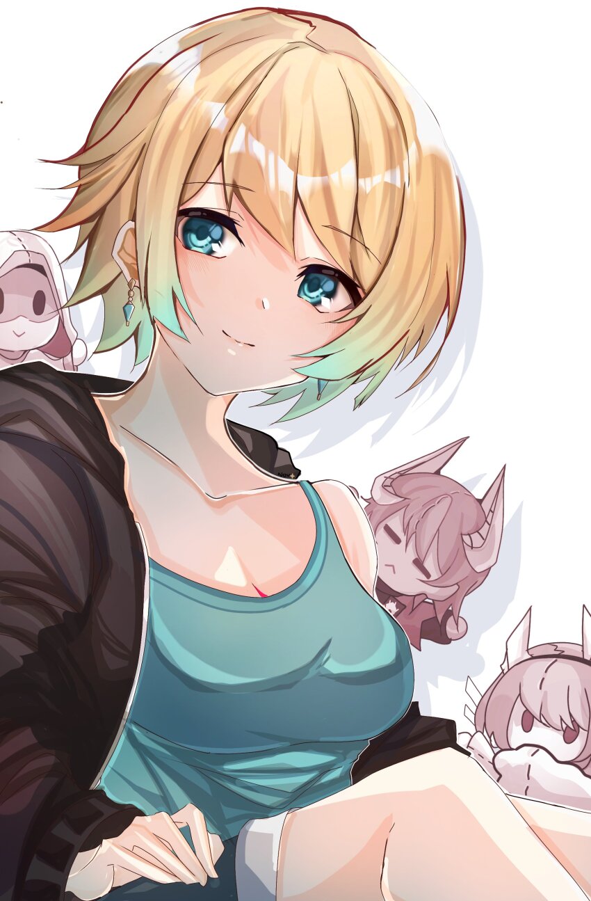 1other, 3girls, absurdres, alternate_costume, aqua_tank_top, black_hoodie, blonde_hair, blue_eyes, breasts, character_doll, cleavage, closed_eyes, collar, doll, earrings, fire_emblem, fire_emblem_heroes, fjorm_(fire_emblem), green_hair, highres, hood, hoodie, jewelry, kiran_(fire_emblem), knees_up, laegjarn_(fire_emblem), looking_at_viewer, medium_breasts, multicolored_hair, multiple_girls, nifl_(fire_emblem), nintendo, novembertimex, short_hair, sitting, smile, tank_top, white_background