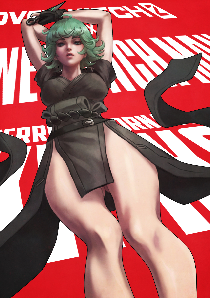 1girl, absurdres, ahoge, alternate_breast_size, arms_up, bare_legs, breasts, cosplay, female_focus, food, gluteal_fold, green_eyes, green_hair, highres, holding, japanese_clothes, kiriko_(overwatch), kunai, large_breasts, legs, looking_at_viewer, matching_hair/eyes, monori_rogue, official_alternate_costume, ofuda, one-punch_man, overwatch, overwatch_2, short_hair, solo, tatsumaki, tatsumaki_(cosplay), terrible_tornado_kiriko, weapon